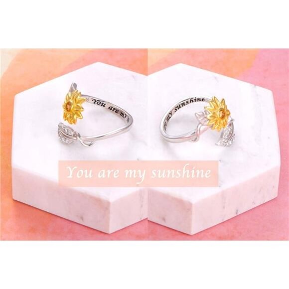 Sunflower Ring Sterling Silver You are My Sunshine CZ Ring 100 Languages - Picture 3 of 7